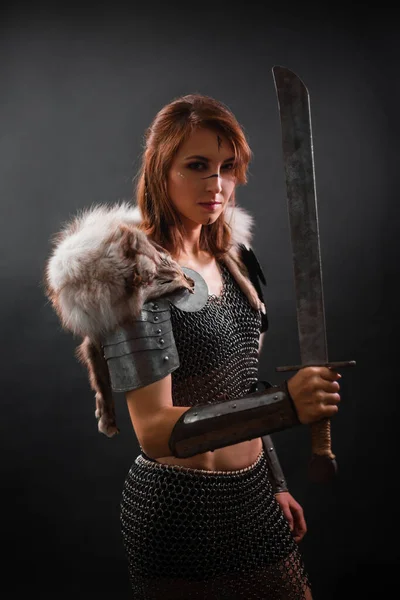 Portrait Medieval Woman Warrior Chain Mail Armor Polar Fox Fur — Stock Photo, Image