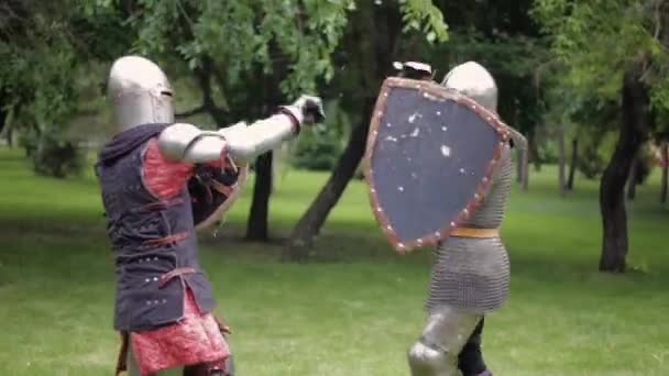 Slag Van Twee Middeleeuwse Krijgers Volledige Wapenrusting Met Zwaarden Schilden — Stockvideo