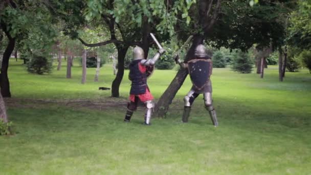 Slag Van Twee Middeleeuwse Krijgers Volledige Wapenrusting Met Zwaarden Schilden — Stockvideo