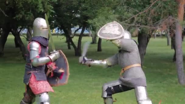 Battle Two Medieval Warriors Full Sets Armor Swords Shields Duel — Stock Video