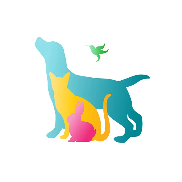 Groupe vectoriel d'animaux de compagnie - Chien, chat, lapin, colibri isolé — Image vectorielle