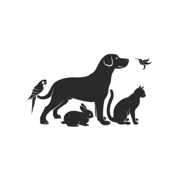 Köpek, kedi, vızıldayan kuş, papağan, beyaz arka planda izole edilmiş tavşan. Evcil hayvan simgesi ya da logosu, kolay düzenlenebilir vektör illüstrasyonu.