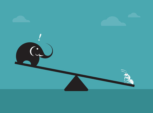  Vector image of an elephant and ant. Weighing concept 