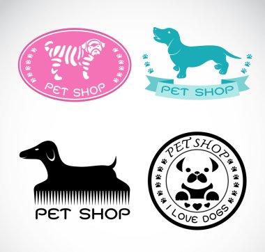 vektör beyaz arka planda, köpek dükkanı bir evcil hayvan dükkanında etiket kümesi
