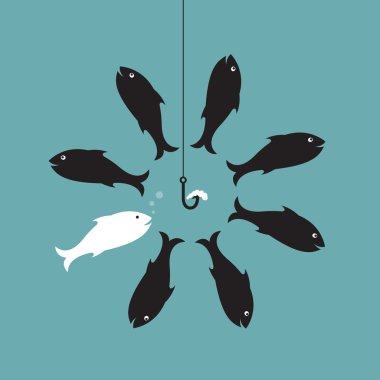 Balık, solucan ve kancanın vektör görüntüsü. Farklı konsept.