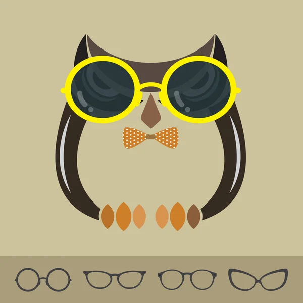 Vector images of owl and glasses on brown background. — Stock Vector