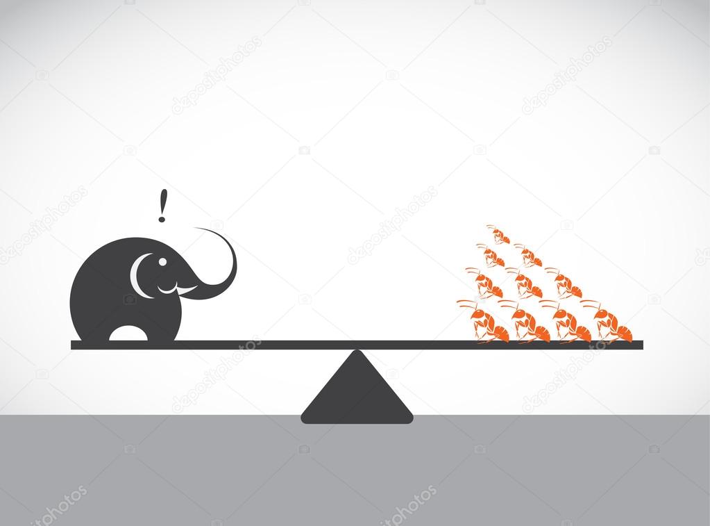 Vector image of an elephant and ant. Weighing concept