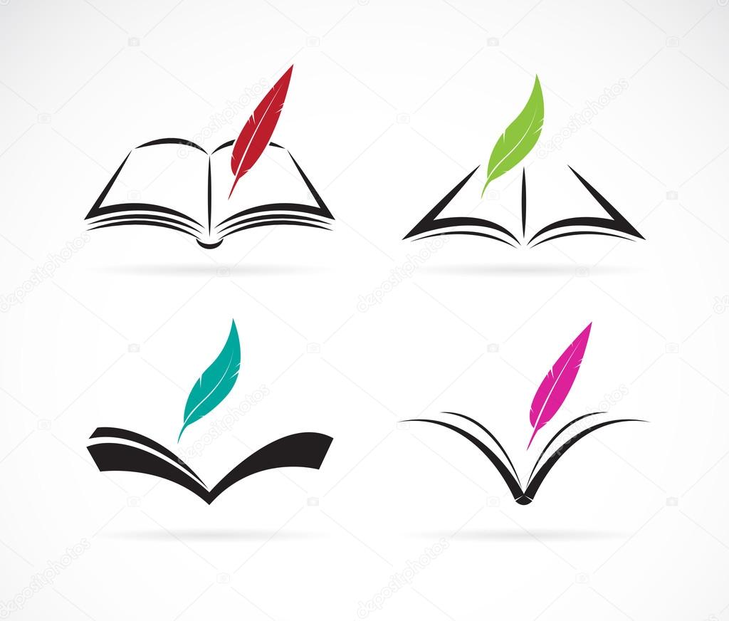 Vector image of an book and feather on white background