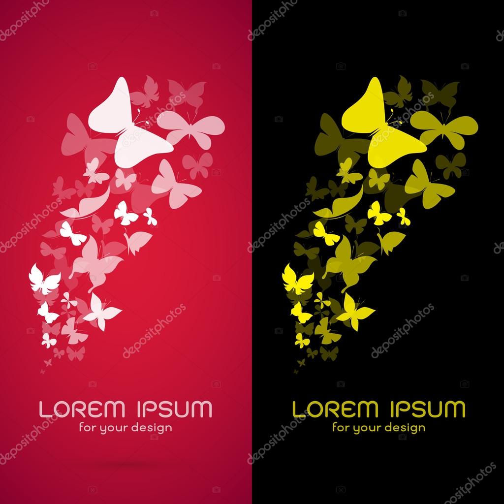 Vector image of an butterflies flock on red background and black background