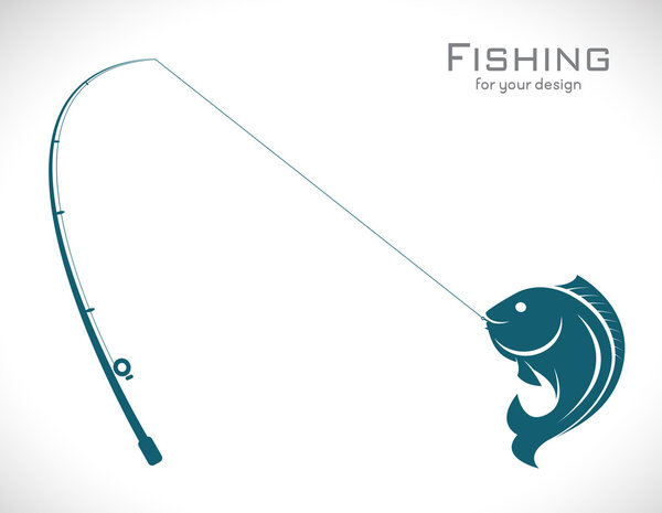 Vector images of fishing rod and fish on white background