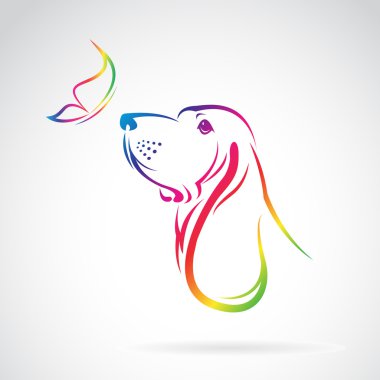 Beyaz arkaplanda köpek ve kelebeğin vektör görüntüsü