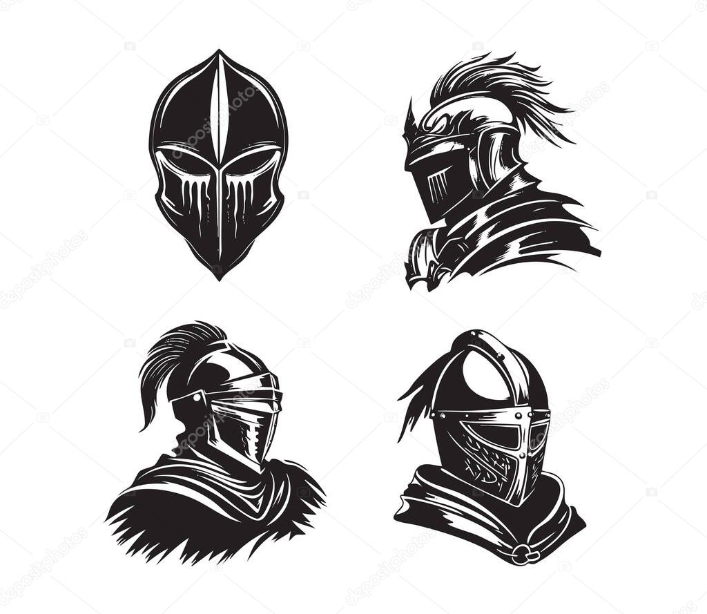 Vector  set of intense ancient knight and warrior helmet and armor illustrations, depicted in a dramatic black and white woodcut style.