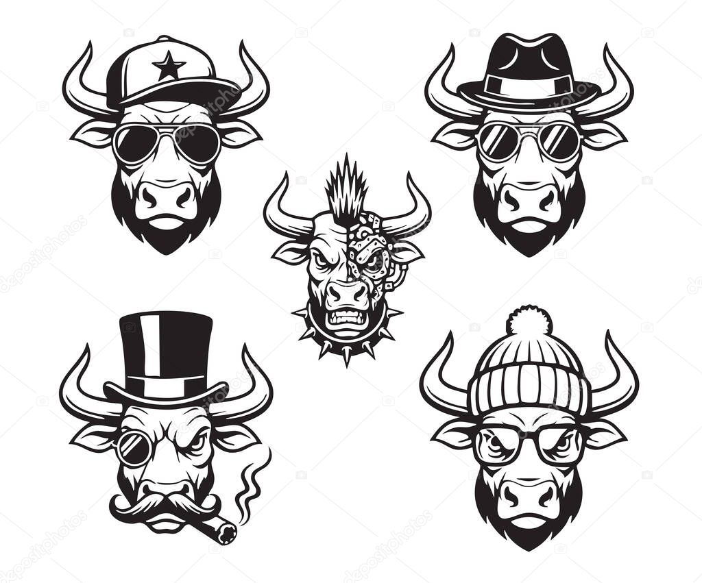 Fun collection of bull and steer head mascots wearing various cool accessories like hats, sunglasses, and cybernetic parts.