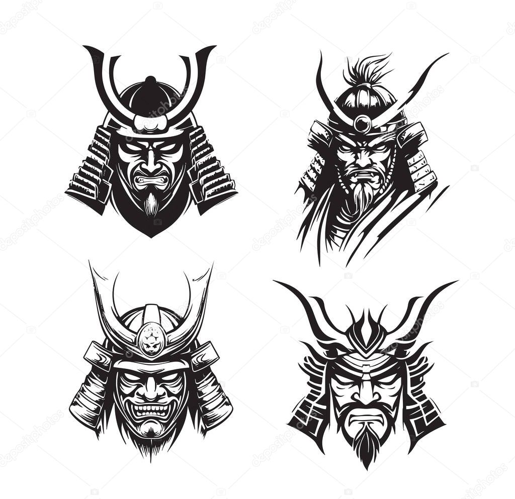 Vector set of fierce ancient Japanese Samurai warrior head illustrations in full armor and helmet, rendered in a bold, black and white style.