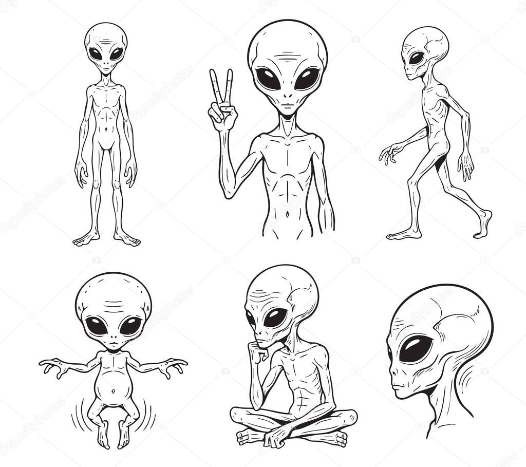 Collection vector of classic grey alien figures in various poses standing, walking, sitting, and a peace sign, in line art style.