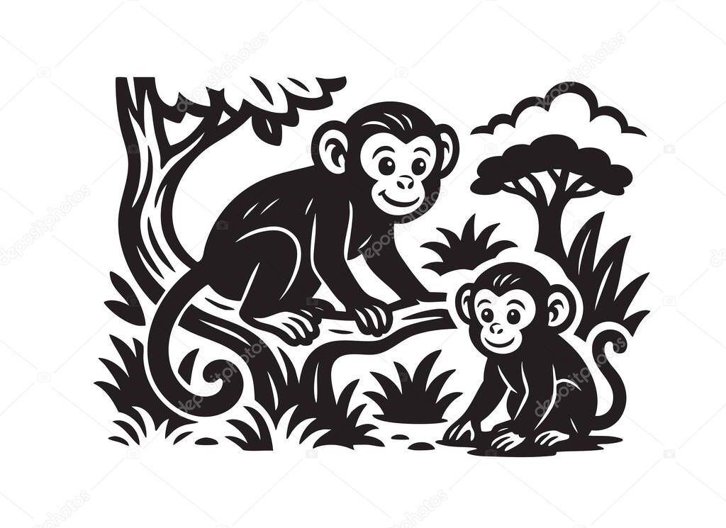Charming vector illustration of two monkeys in a jungle environment, sitting on a branch amidst foliage, in a black and white stamp style.