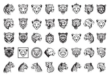 Vector of Extensive bundle of cheetah head logos in diverse styles, detailed, geometric, and profile, ideal for speed themed brands.. Wild Animals.