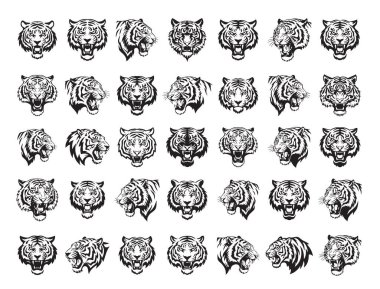 Vector of huge collection of powerful tiger head designs with snarls and stripes in various vector styles for mascots and apparel. Wild Animals.