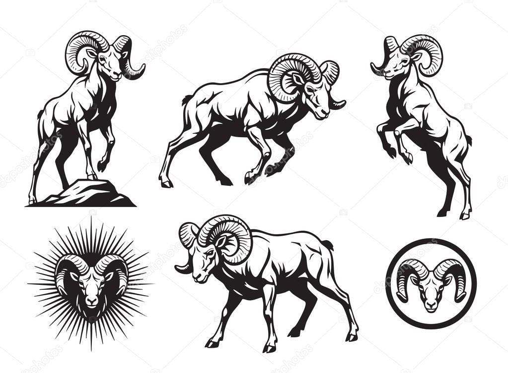 Strong black and white vector illustrations of rams with large curled horns, in aggressive and powerful poses, great for sports or zodiac themes.