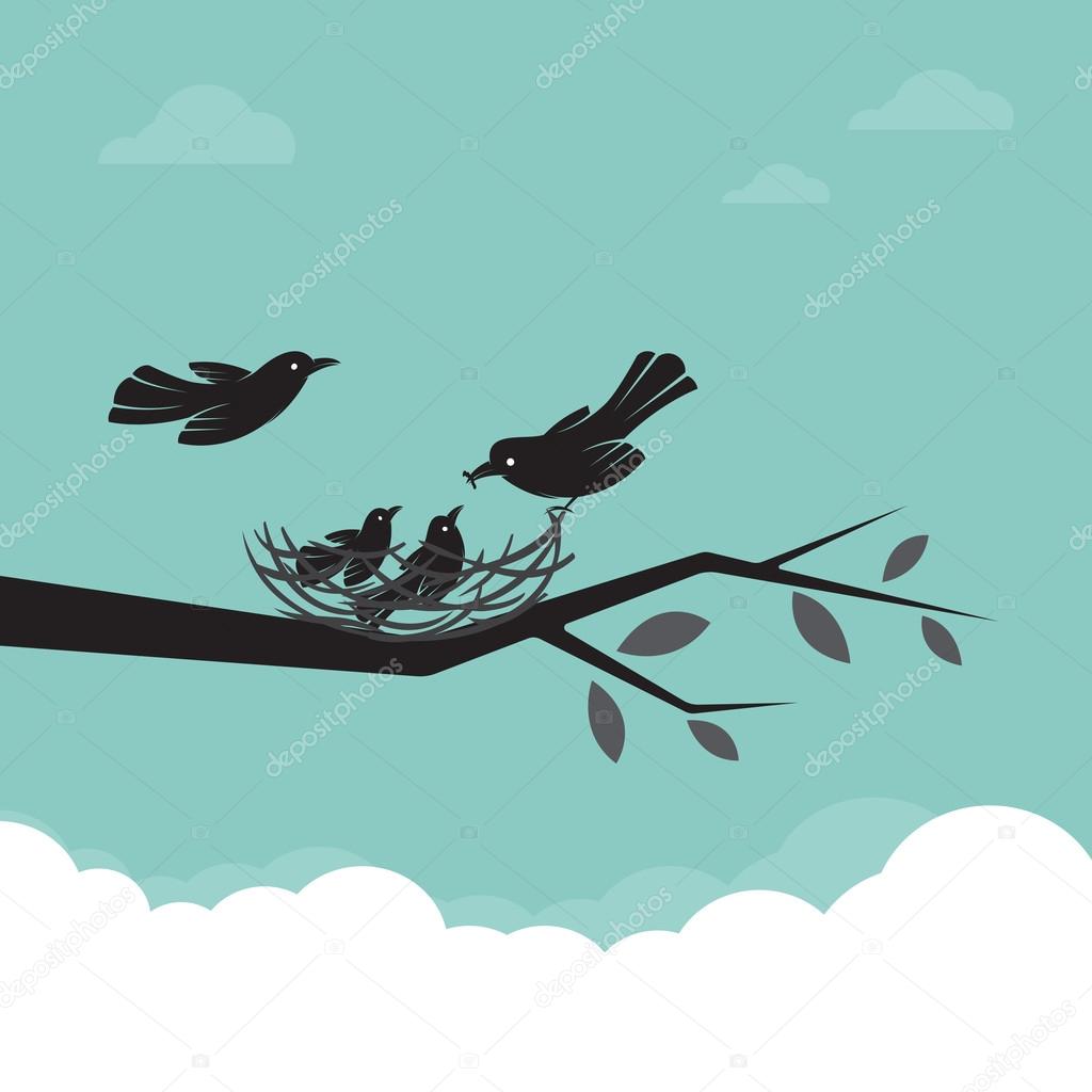 Family of birds that are feeding the baby, illustration.
