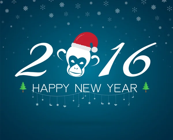 New year card with monkey and santa hat for year 2016 — Stock Vector