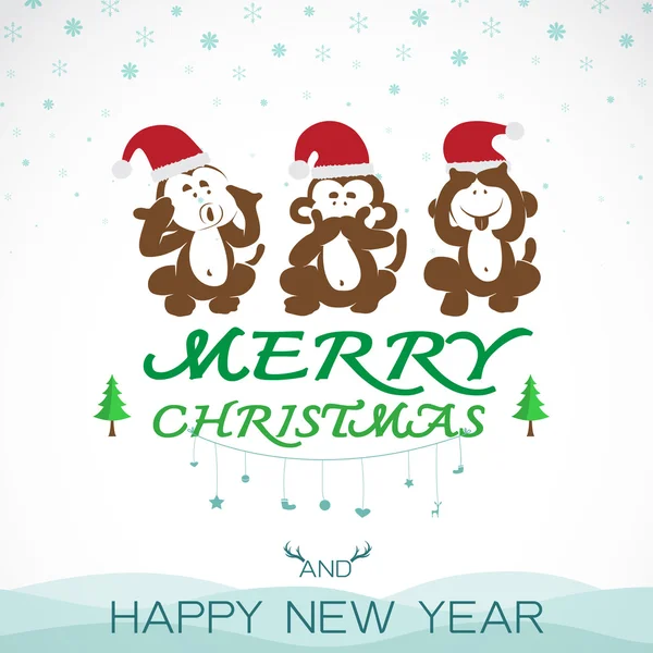 Imagen vectorial de una tarjeta de felicitación navideña. Monos y santa ha — Vector de stock