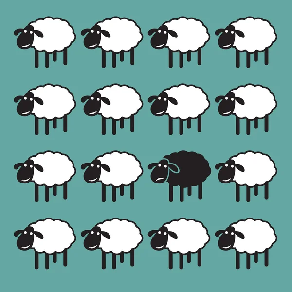 Single black sheep in white sheep group. dissimilar concept — Stock Vector