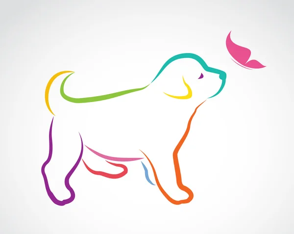 Imagen vectorial de perro y mariposa sobre fondo blanco — Vector de stock