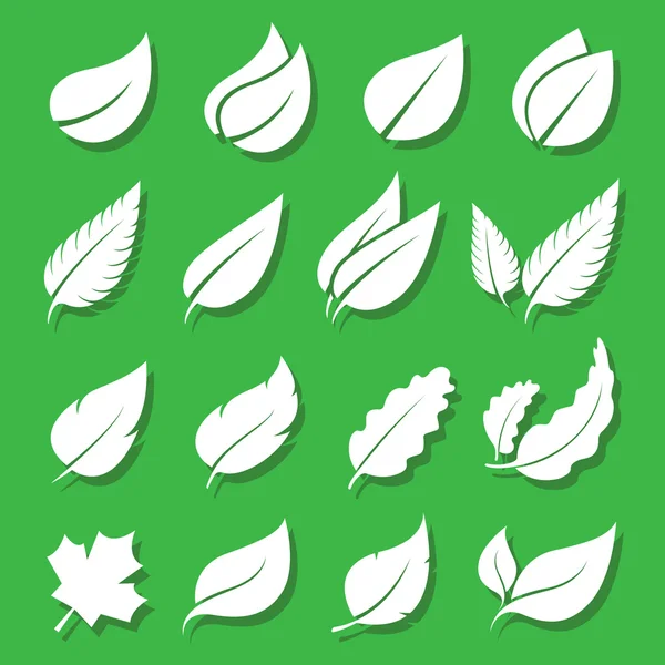 矢量叶子设置在绿色背景上的白色图标 — 图库矢量图片