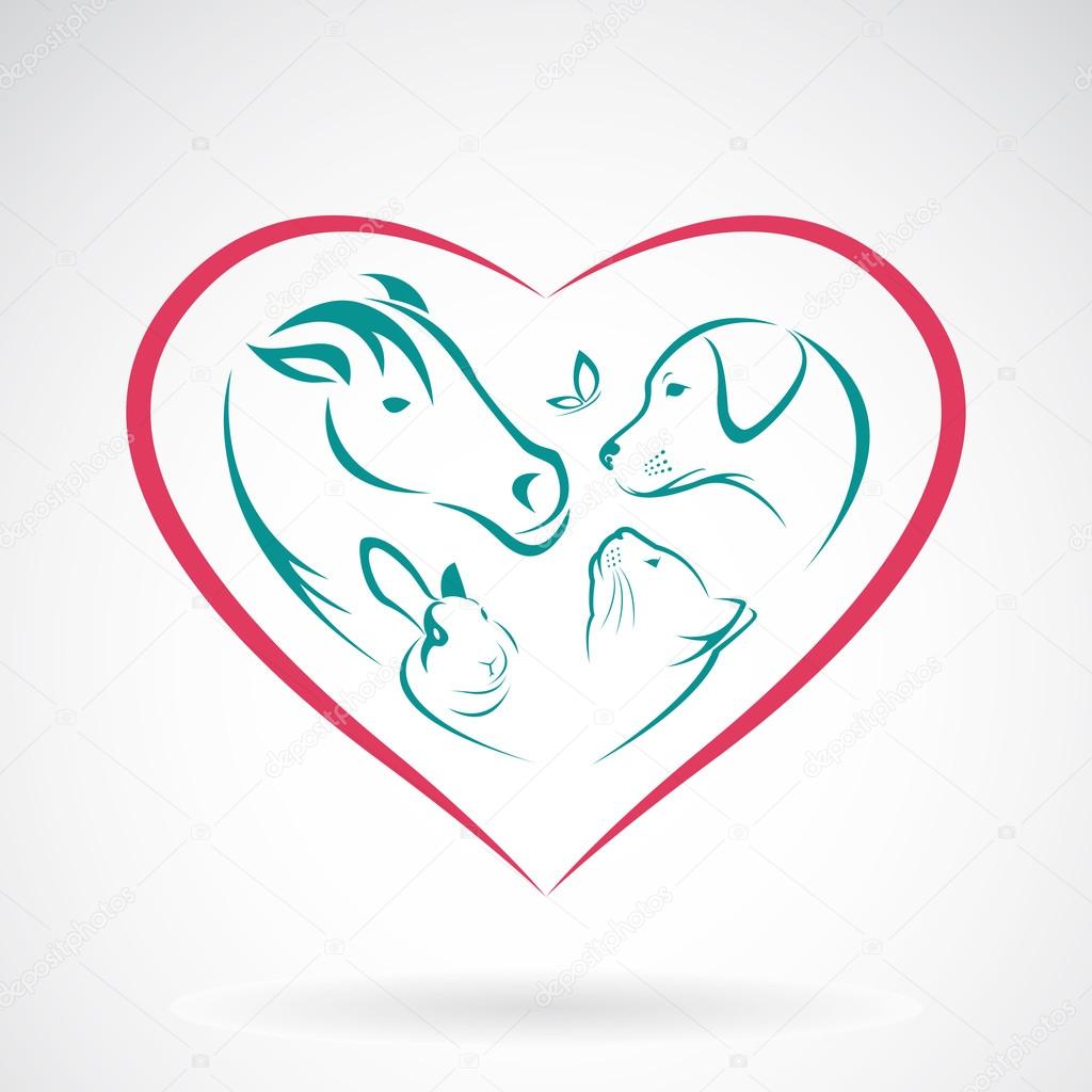 Vector image of animal on heart shape on white background, horse,dog,cat,rabbit,butterfly