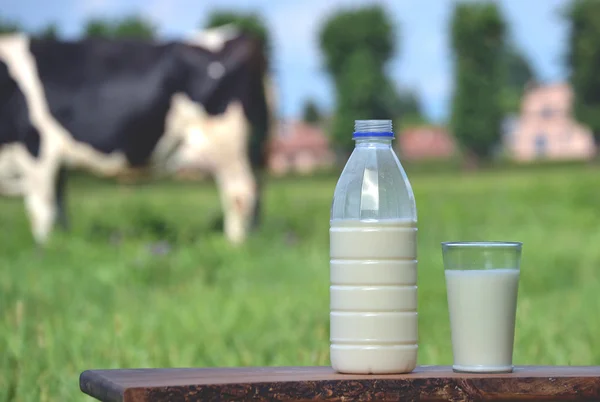 Botella de leche y vidrio —  Fotos de Stock