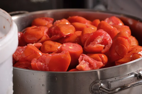 Squeezed tomatoes preparing passata sauce — Stock Photo, Image