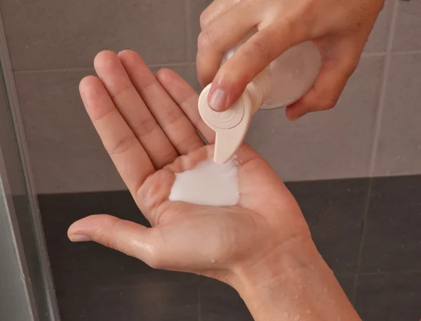 Woman Pouring bath  soap — Stock Photo, Image