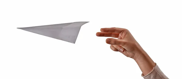 Ręka, rzucając samolot papieru — Zdjęcie stockowe