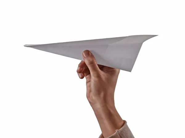 Hand holding paper airplane — Stock Photo, Image