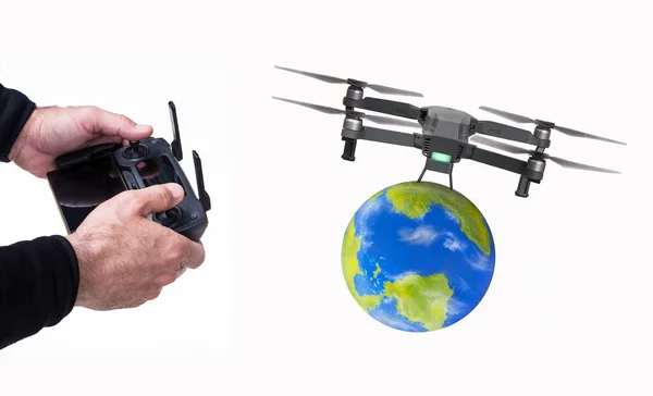 Main Tenir Contrôleur Drone Transportant Planète Terre Globe Globe Planète — Photo