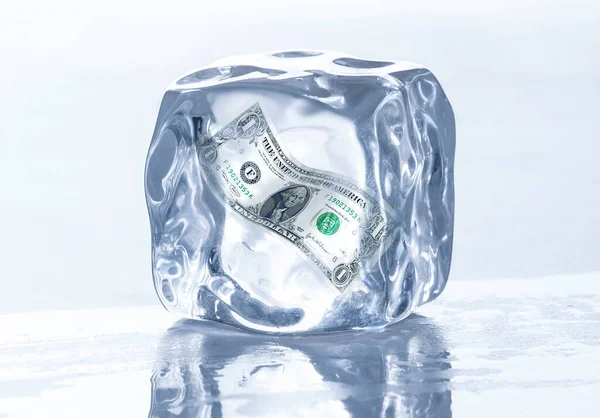 Frozen dollar value concept. One dollar bill inside an ice cube