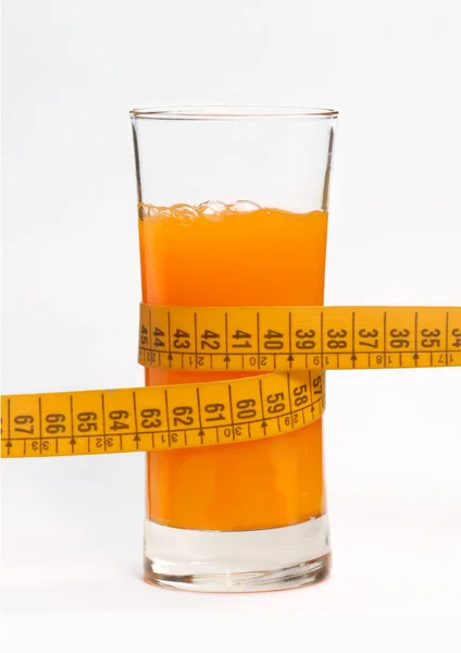 Tape Measure Meter Orange Juice Glass Diet Concept — Stock Photo, Image