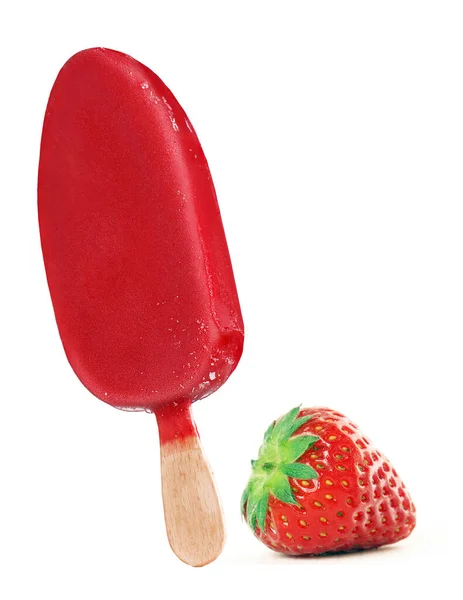 Strawberry Popsicle Stick Ice Cream Fruit Isolated White Background — Φωτογραφία Αρχείου