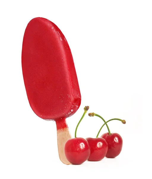 Cherry Popcicle Stick Eis Und Kirschfrüchte Auf Weißem Hintergrund — Stockfoto