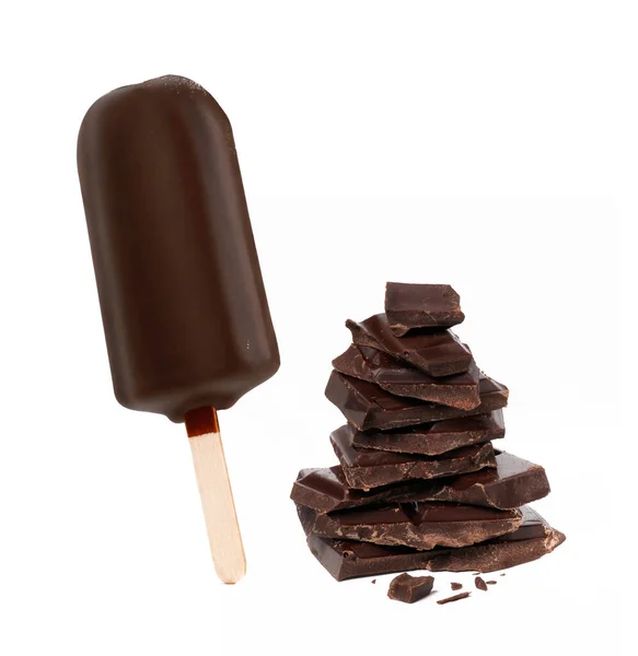 Chocolate Popsicle Stick Ice Cream Dark Chocolate Pieces Stack White 스톡 사진