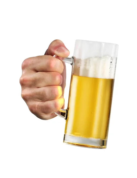 Hand Houden Vers Bier Pot Geïsoleerd Witte Achtergrond — Stockfoto