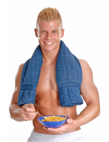 Young Fitness Man Holding Cereal Bowl Exercise White Background — Stock Photo, Image