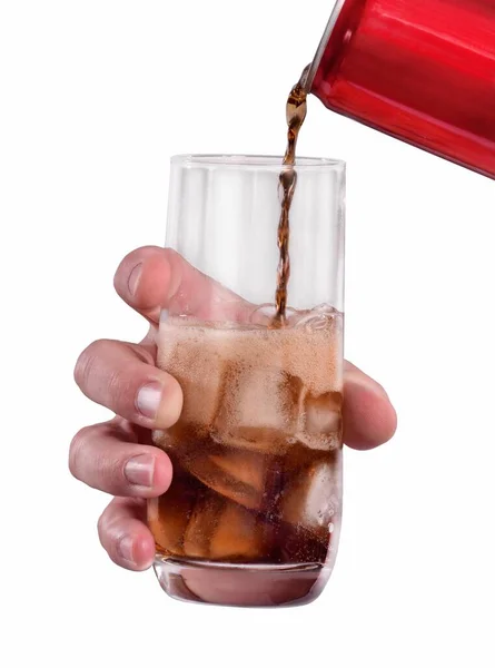 Hand Pouring Soft Drink Soda Iced Glass White Backhround — Stock Photo, Image