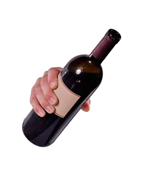 Hand Hold Red Wine Bottle Isolated White Background — Stock Photo, Image