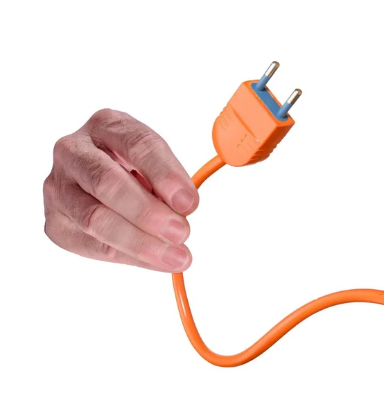 Hand Håll Kabel Plugin Isolerad Vit Bakgrund — Stockfoto
