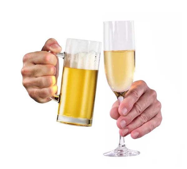 Cheers Wine Beer Glases Isolated White Background — Stock Photo, Image