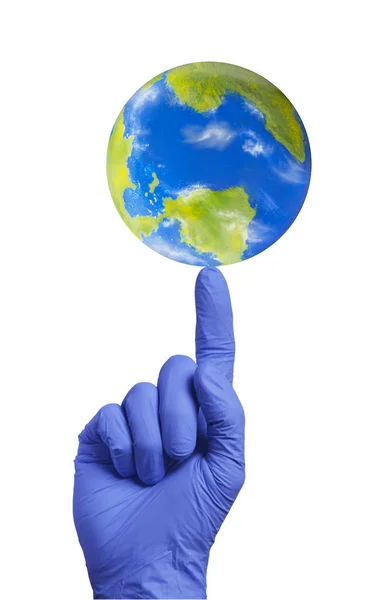 Doctor Saving World Concept Surgical Glove Hold Planer Earth Globe — Stock Photo, Image