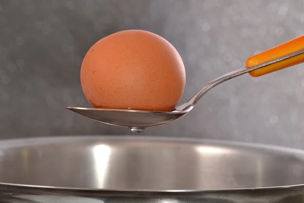 Boiled egg on spoon — Stock Photo, Image