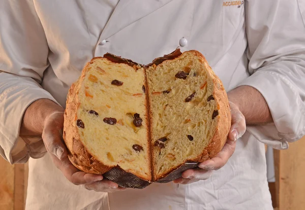 Baker håller panettone bröd. — Stockfoto